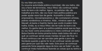 Procuradora de Macaé ataca petistas em post e sugere que empresas não contratem ‘artistas, pobres nordestinos e mineiros’; polícia instaura inquérito