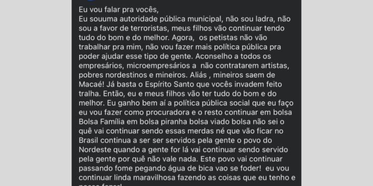Procuradora de Macaé ataca petistas em post e sugere que empresas não contratem ‘artistas, pobres nordestinos e mineiros’; polícia instaura inquérito